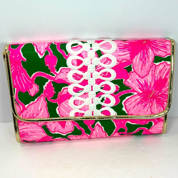 NWOT Lilly Pulitzer Envelope Pouch Clutch Pink & Green Hibiscus F0096 Colorful - Picture 1 of 8